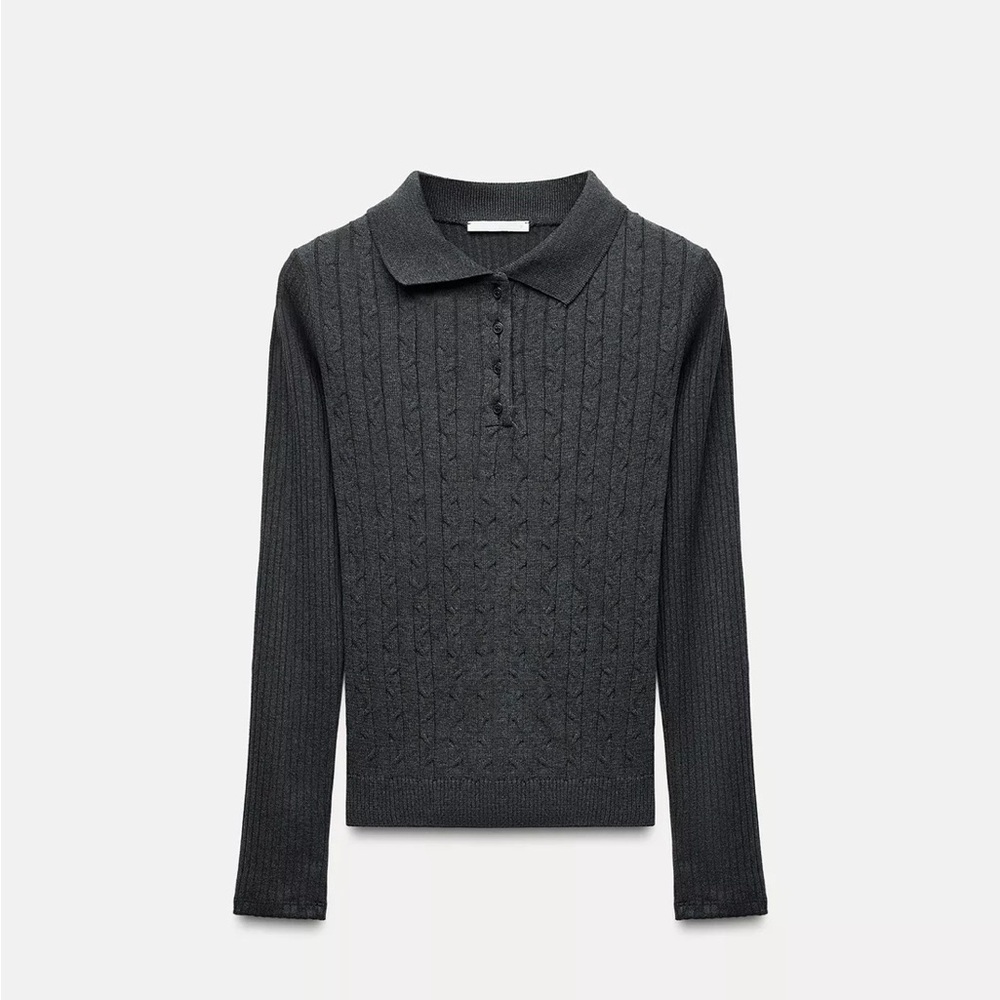 Zara Heather Charcoal Knit Polo Sweater